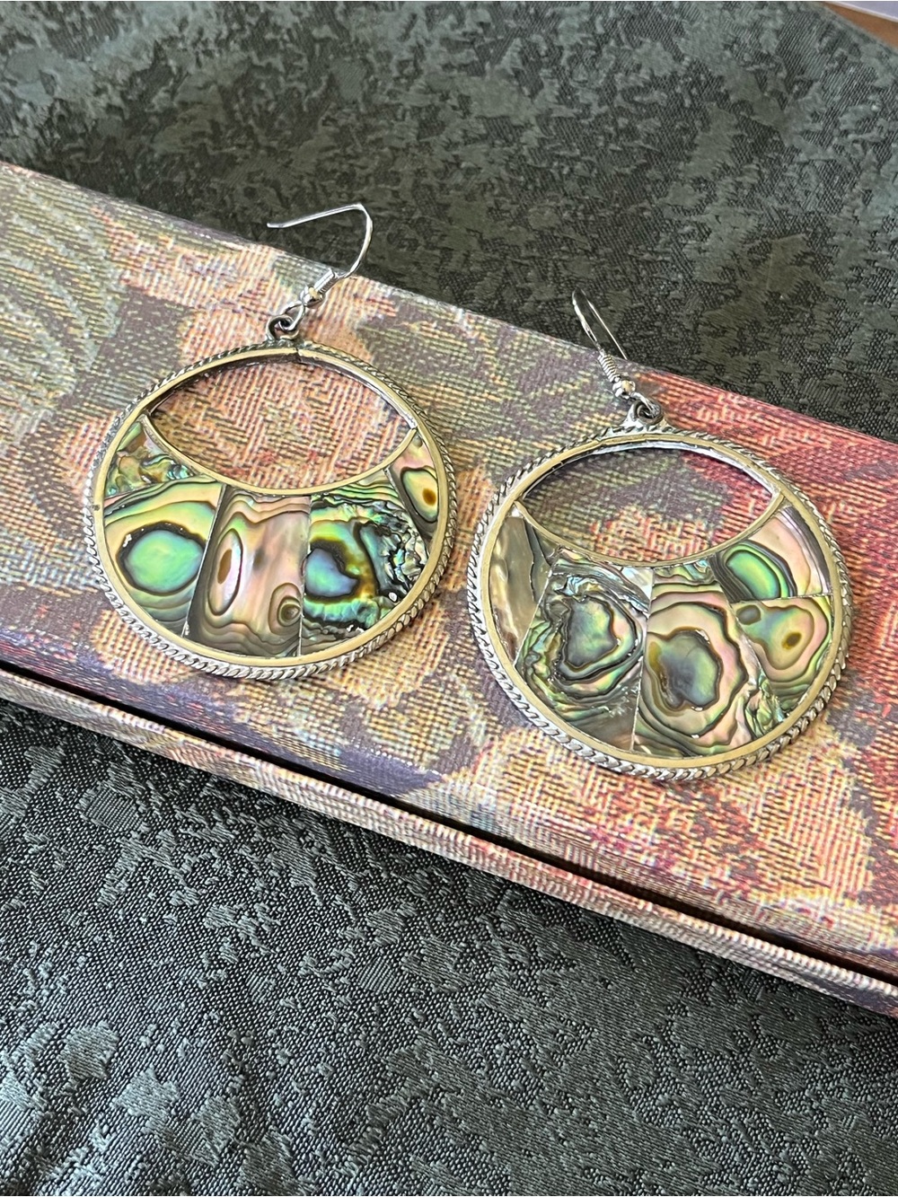 Vintage Silver Tone Alpaca Mexico Abalone Inlay Hoop Earrings Boho